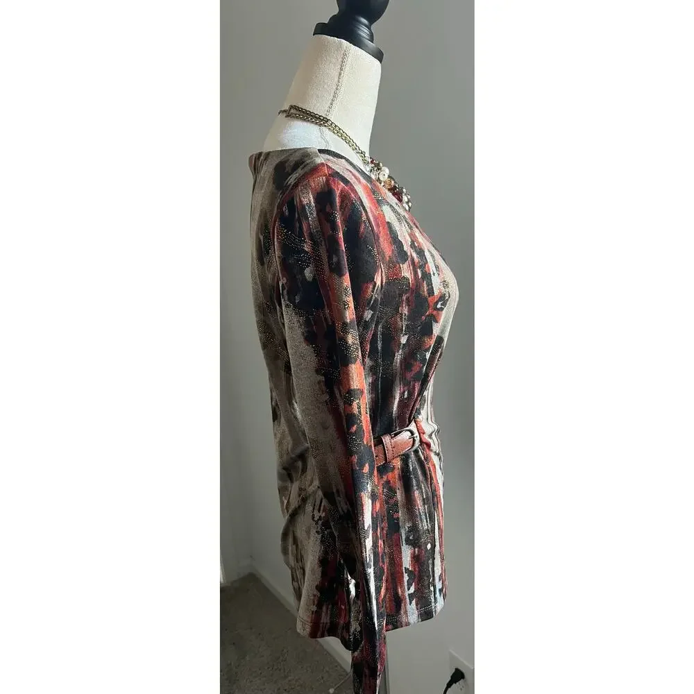 Susan‎ Lawrence Pullover Multicolor Brown Faux Leather Buckle Wrap Top Sweater S